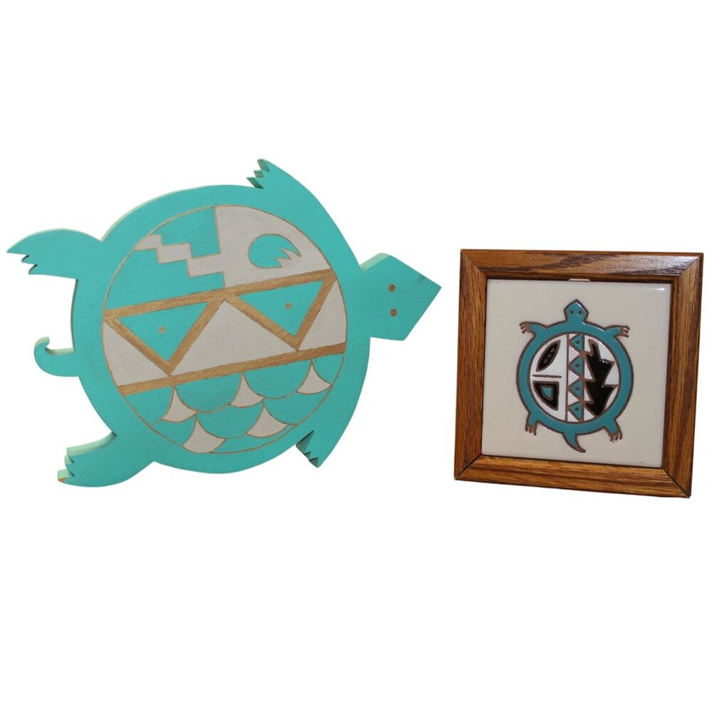 Turtle Wall Art Set w/Painted Wooden Turtle & Ceramic Tile by Tecolote Tiles NM